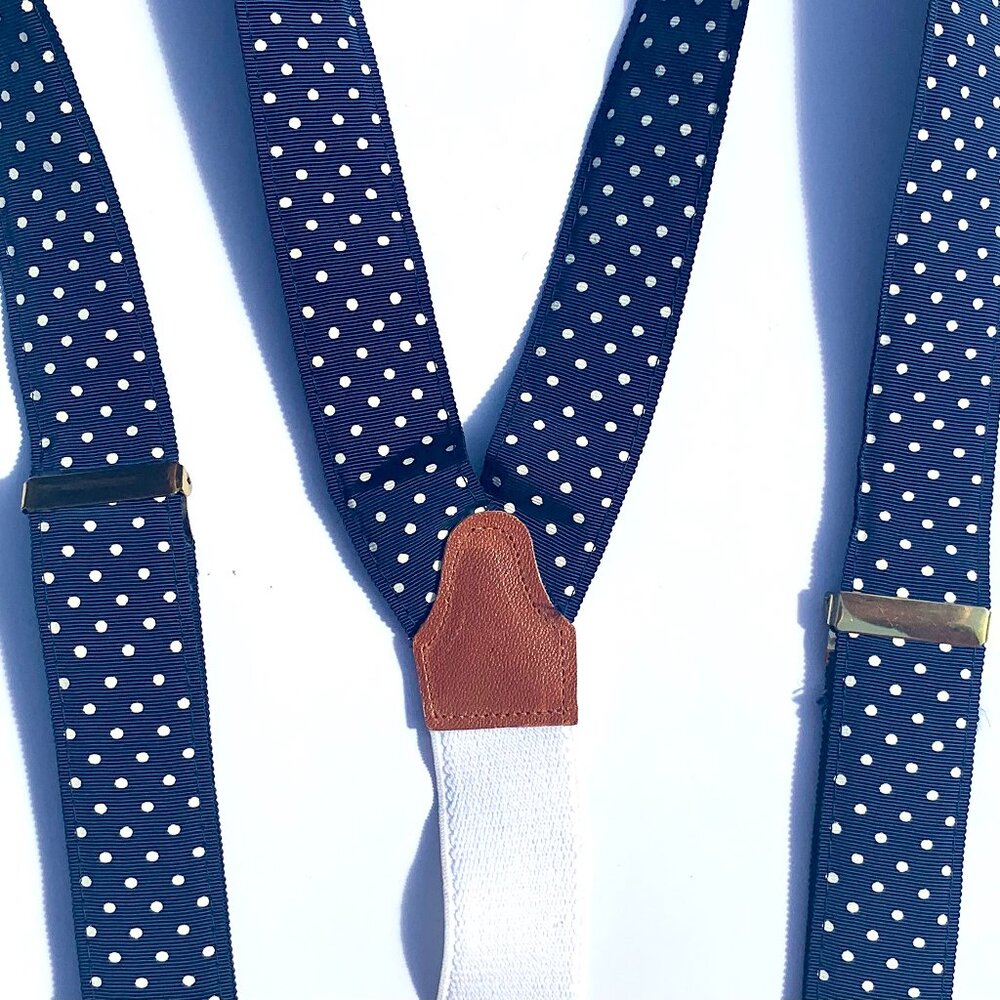VTG Designer Navy w/White Polka Dots Grosgrain Suspenders Braces w/leather